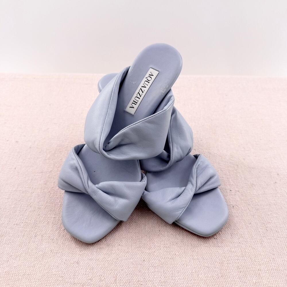 Aquazzura Leather Slip On Twist Strap Kitten Heel Mule Blue Women's Size EU 37